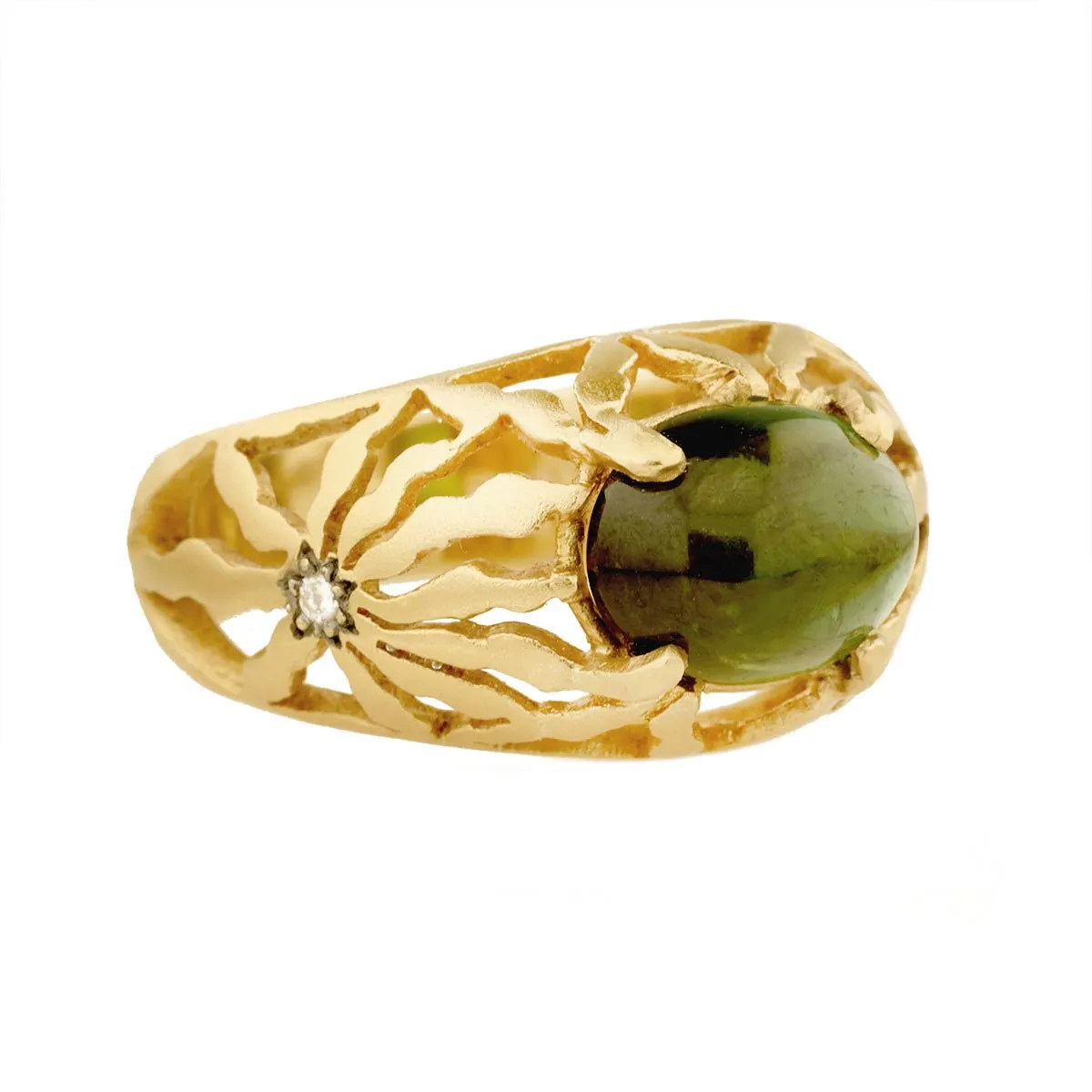 22K Gold Long Petal Cutout Ring with Center Cabochon Green Tourmaline