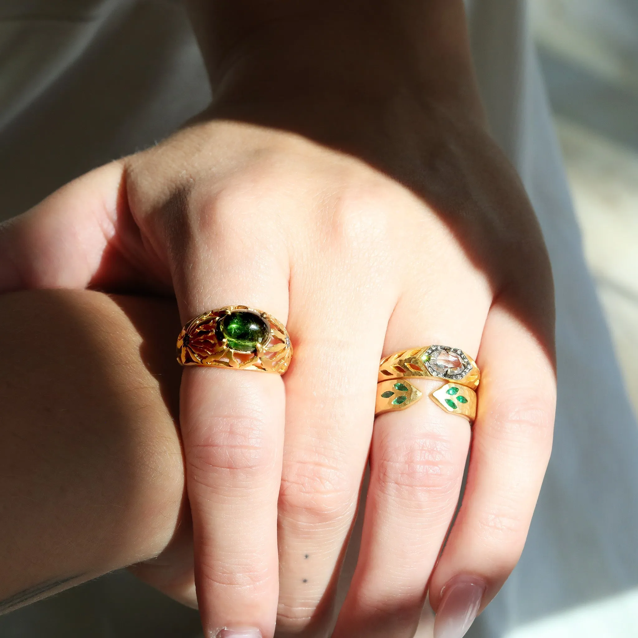 22K Gold Long Petal Cutout Ring with Center Cabochon Green Tourmaline