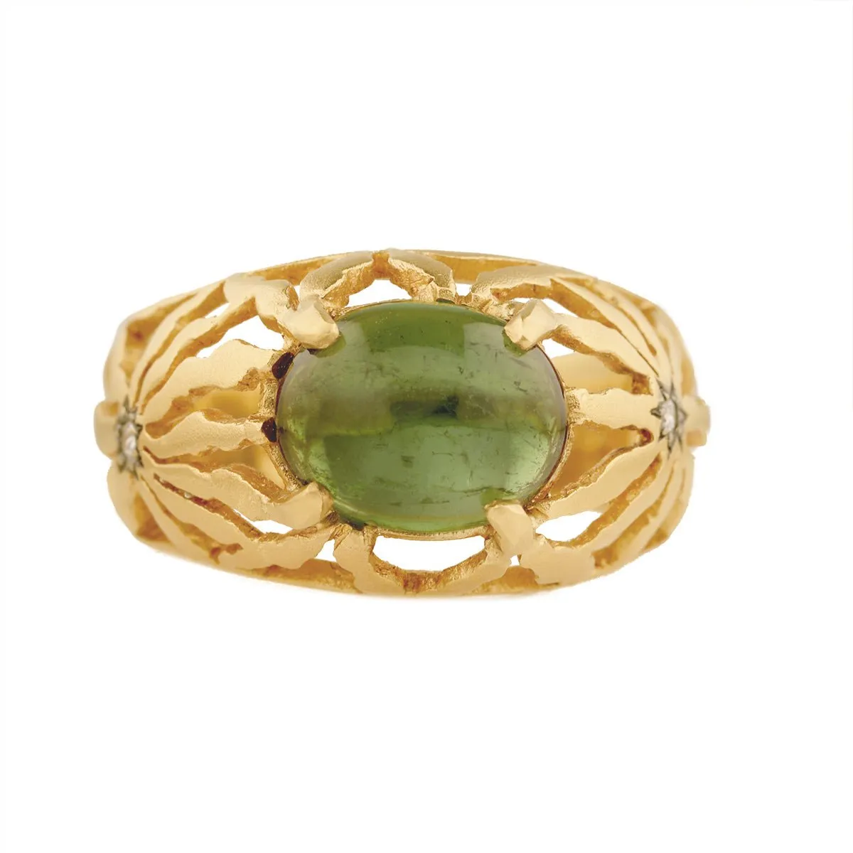 22K Gold Long Petal Cutout Ring with Center Cabochon Green Tourmaline