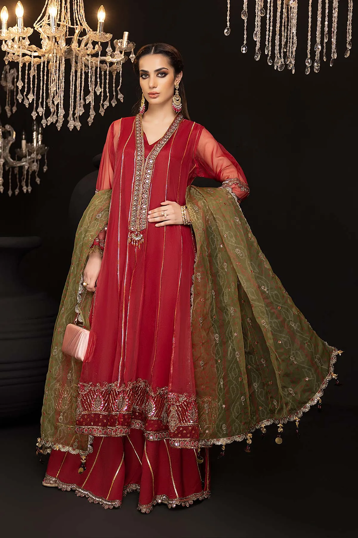 3-Pc Long Front Open Gown With Raw Silk Gharara and Embroidered Dupatta CMA22-61