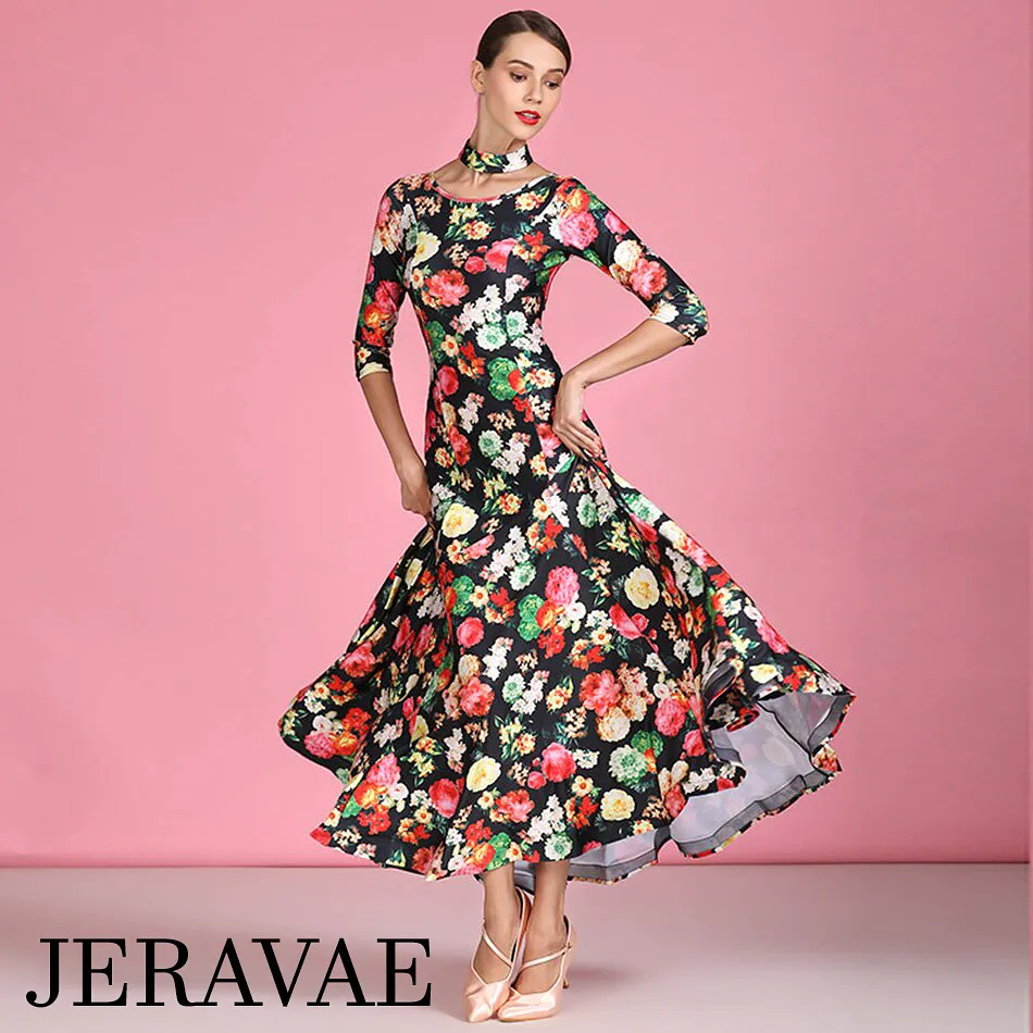 3/4 Sleeve Floral Ballroom Practice Dress with V-Neckline in Back and Detached Collar/Necklace Detail PRA 791_sale