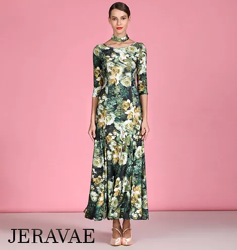 3/4 Sleeve Floral Ballroom Practice Dress with V-Neckline in Back and Detached Collar/Necklace Detail PRA 791_sale