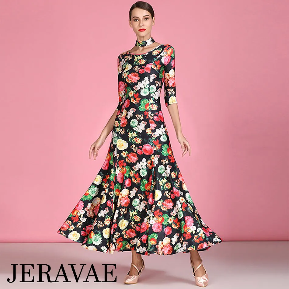 3/4 Sleeve Floral Ballroom Practice Dress with V-Neckline in Back and Detached Collar/Necklace Detail PRA 791_sale