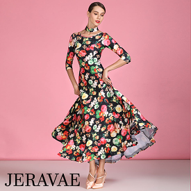 3/4 Sleeve Floral Ballroom Practice Dress with V-Neckline in Back and Detached Collar/Necklace Detail PRA 791_sale