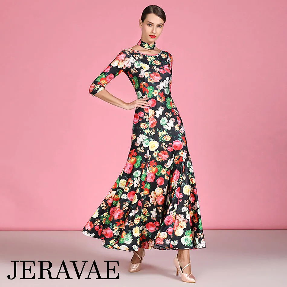 3/4 Sleeve Floral Ballroom Practice Dress with V-Neckline in Back and Detached Collar/Necklace Detail PRA 791_sale