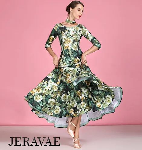 3/4 Sleeve Floral Ballroom Practice Dress with V-Neckline in Back and Detached Collar/Necklace Detail PRA 791_sale