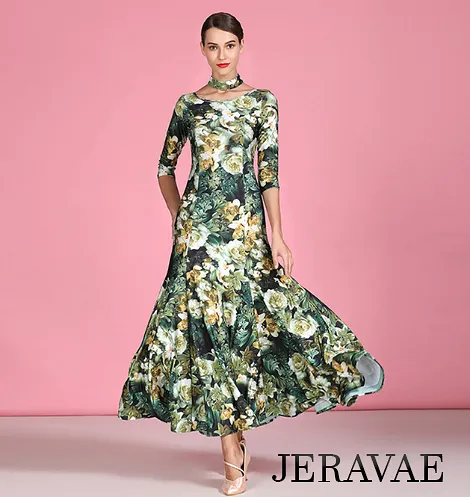 3/4 Sleeve Floral Ballroom Practice Dress with V-Neckline in Back and Detached Collar/Necklace Detail PRA 791_sale