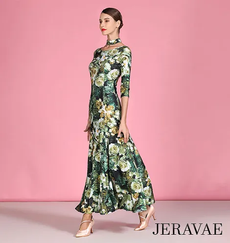 3/4 Sleeve Floral Ballroom Practice Dress with V-Neckline in Back and Detached Collar/Necklace Detail PRA 791_sale