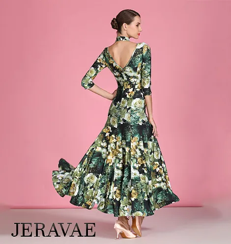 3/4 Sleeve Floral Ballroom Practice Dress with V-Neckline in Back and Detached Collar/Necklace Detail PRA 791_sale