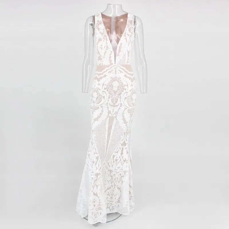 Ashore Shop Dressmecb Lace White Dresses For Women Double Layer Deep V Neck Sexy Elegant Maxi Long Dress Slim Party Evening