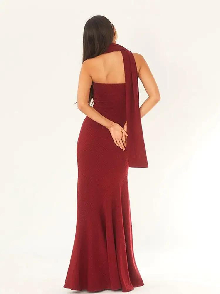 Ashore Shop Red Knitted Strapless Midi Dress With Scarf Sexy