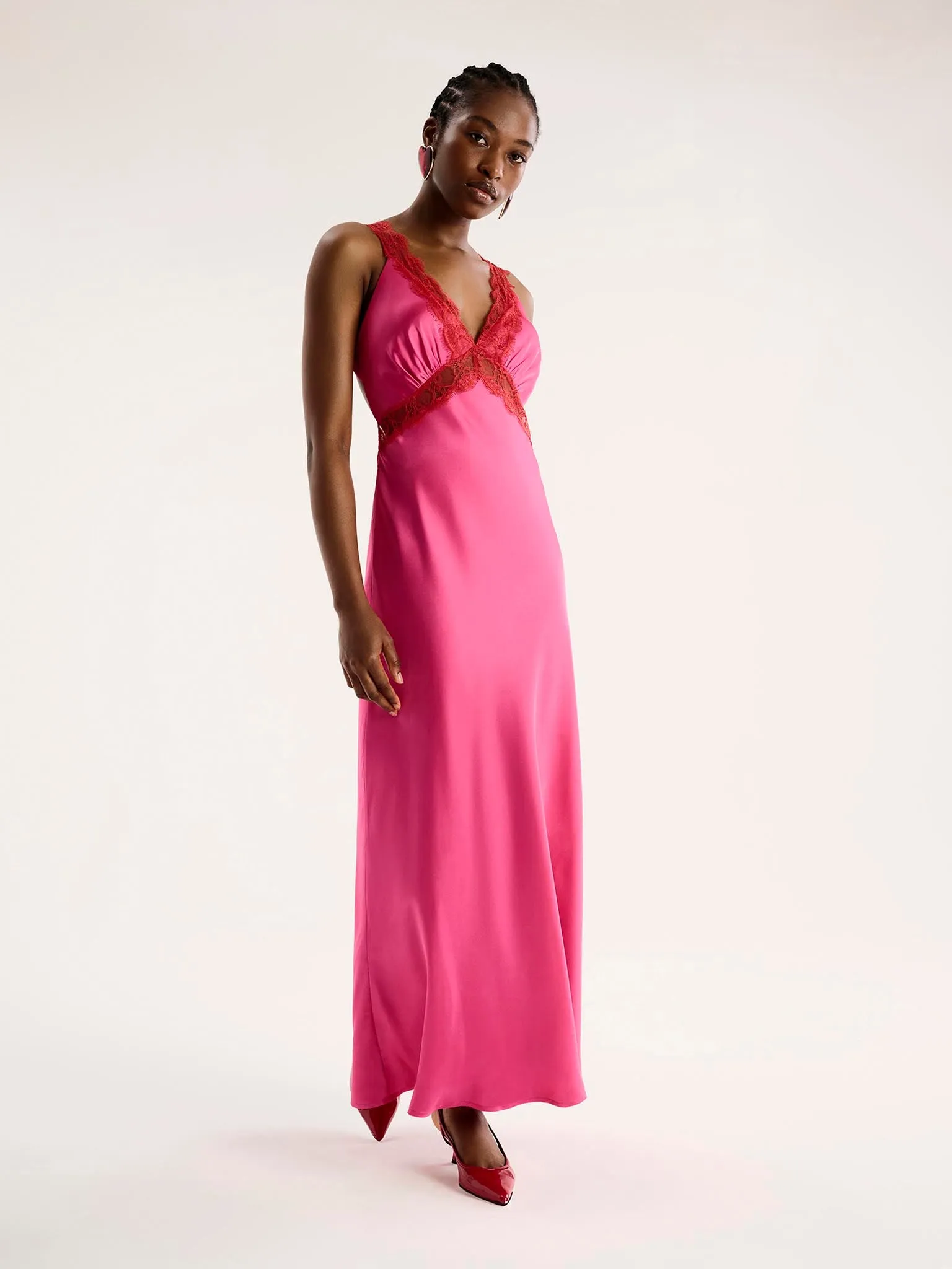 Aurelia Lace Trim Maxi Dress in Cerise