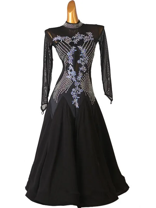 Ballroom Dance Costumes Black Women's Sexy Polyester Floral Print Rhinestones Dress Dancer Dance Dress