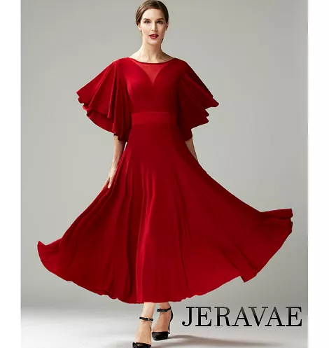 Ballroom Practice Dress with Loose Ruffle Sleeves, V-Neckline in Back and Illusion Neckline in Front, and Belt with Floral Detai