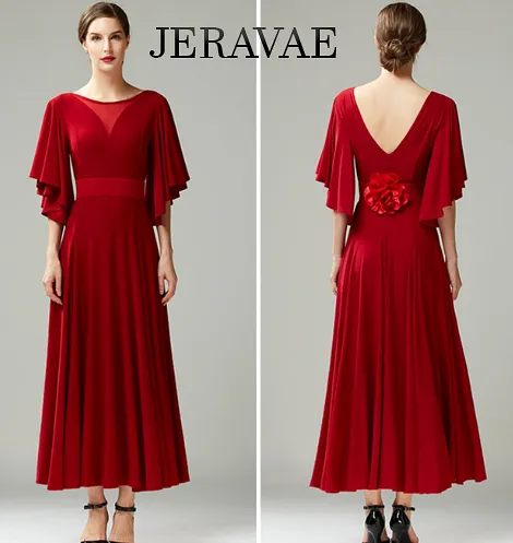 Ballroom Practice Dress with Loose Ruffle Sleeves, V-Neckline in Back and Illusion Neckline in Front, and Belt with Floral Detai