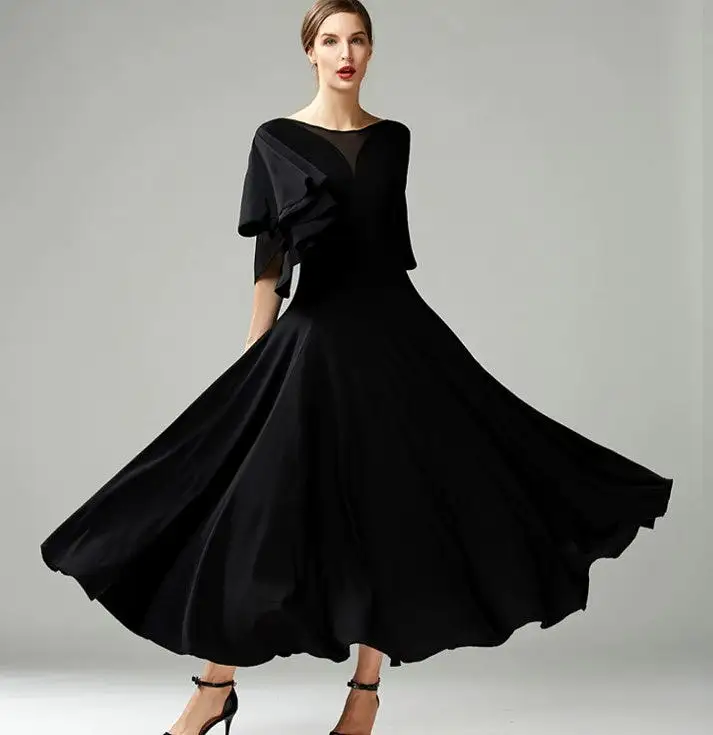 Ballroom Practice Dress with Loose Ruffle Sleeves, V-Neckline in Back and Illusion Neckline in Front, and Belt with Floral Detai