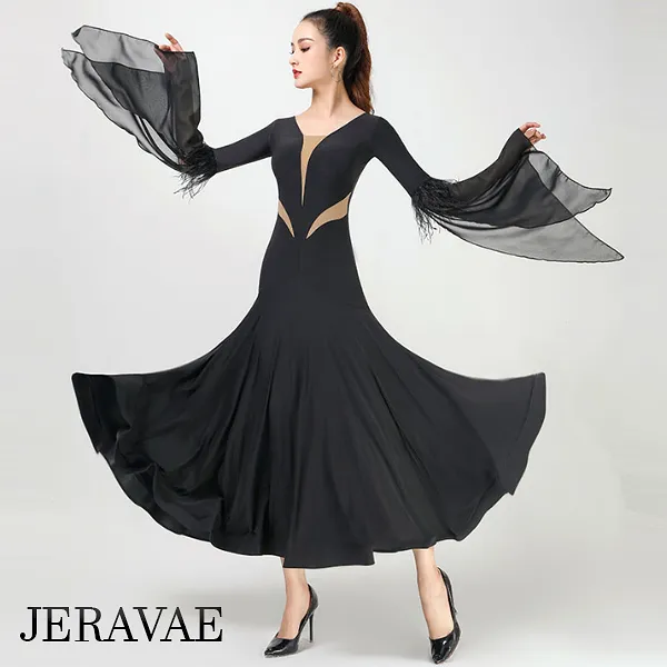 Ballroom Practice Dress with Nude Mesh Inserts, Long Fantasy Sleeve Floats with Feather Trim, and Wrapped Horsehair Hem Availabl