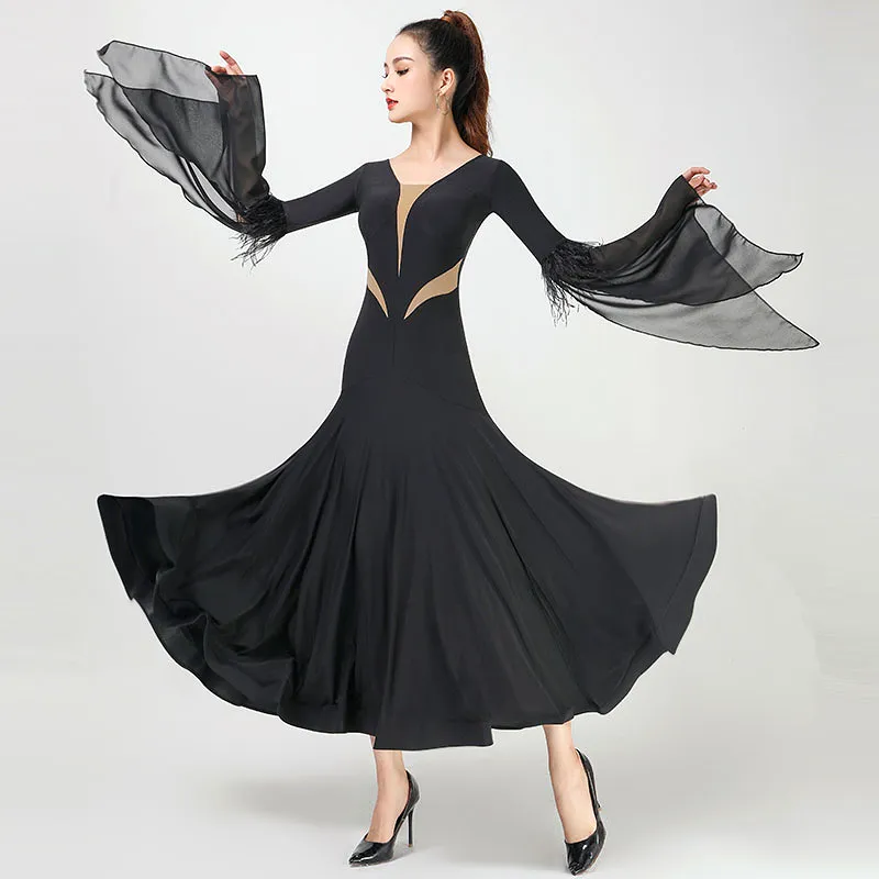 Ballroom Practice Dress with Nude Mesh Inserts, Long Fantasy Sleeve Floats with Feather Trim, and Wrapped Horsehair Hem Availabl