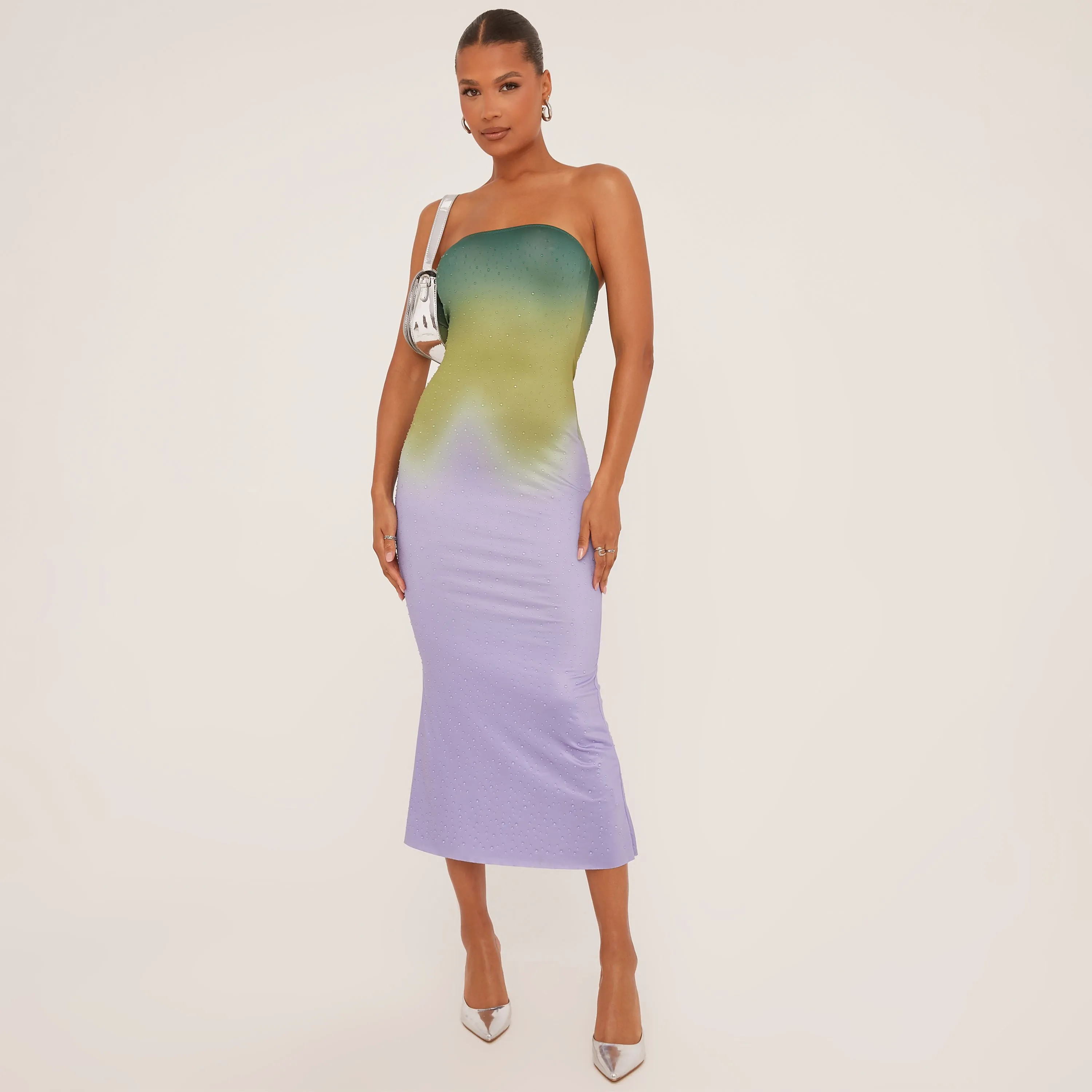 Bandeau Hotfix Detail Maxi Dress In Green Ombre