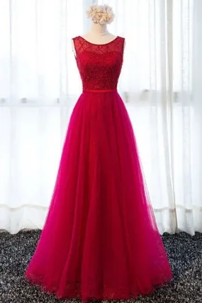 Bateau Neck Red Tulle Modest Prom Dress