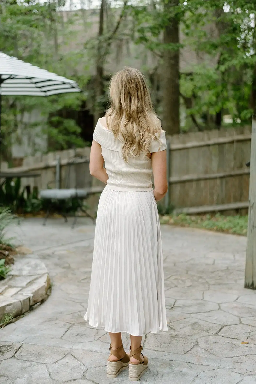 Beige Off The Shoulder Pleated Midi