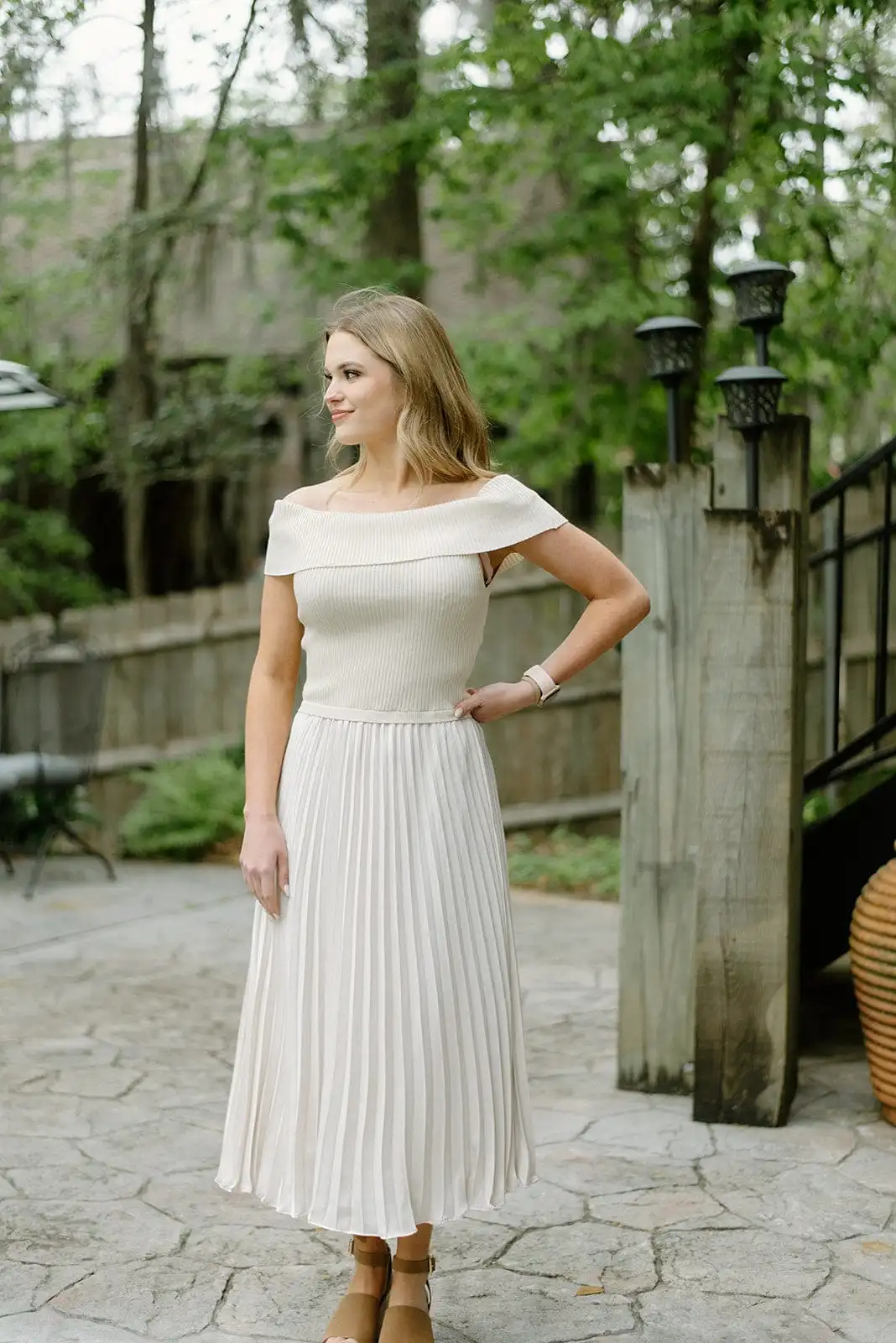 Beige Off The Shoulder Pleated Midi