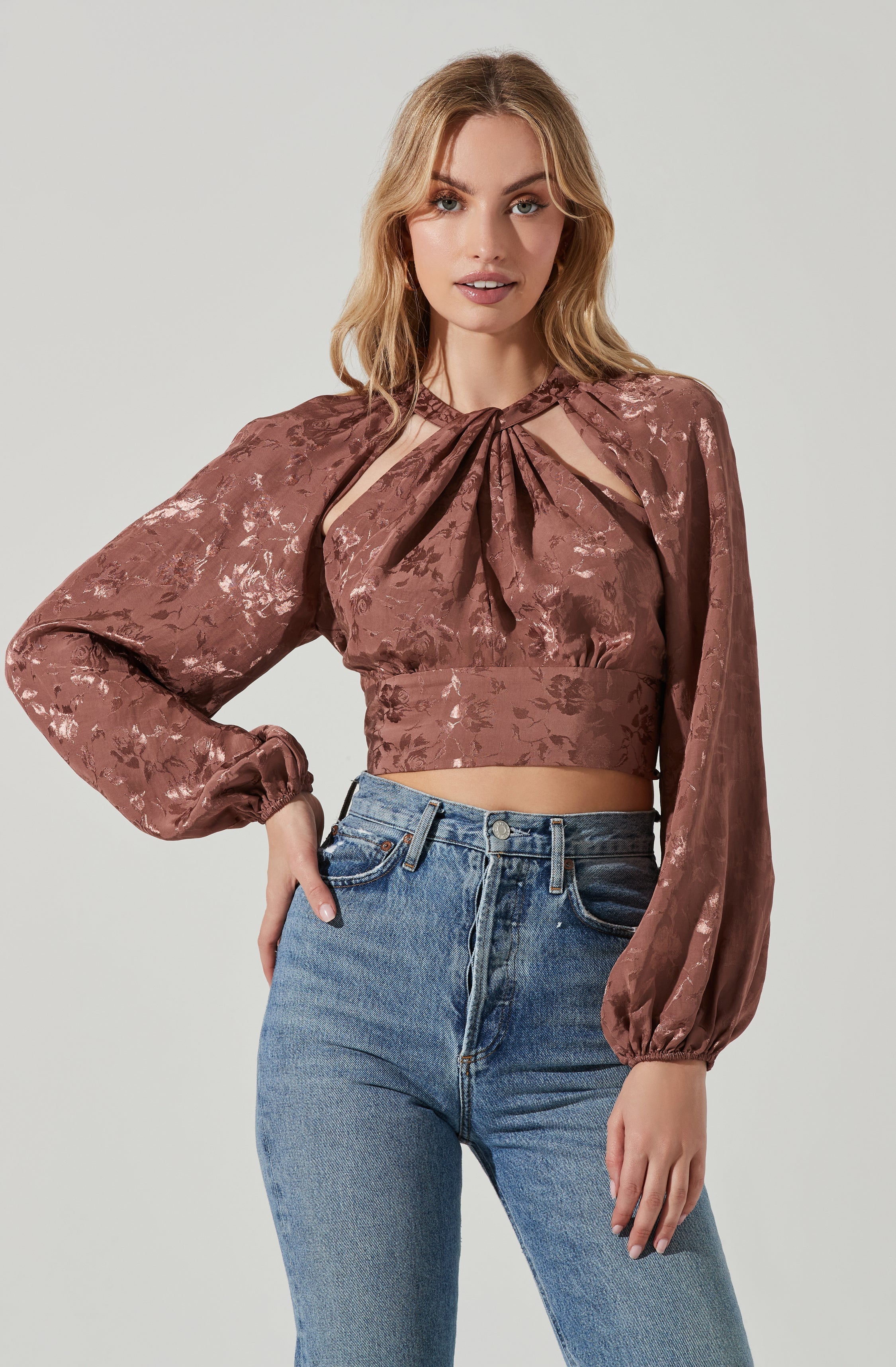 Betsy Floral Jacquard Cutout Long Sleeve Top