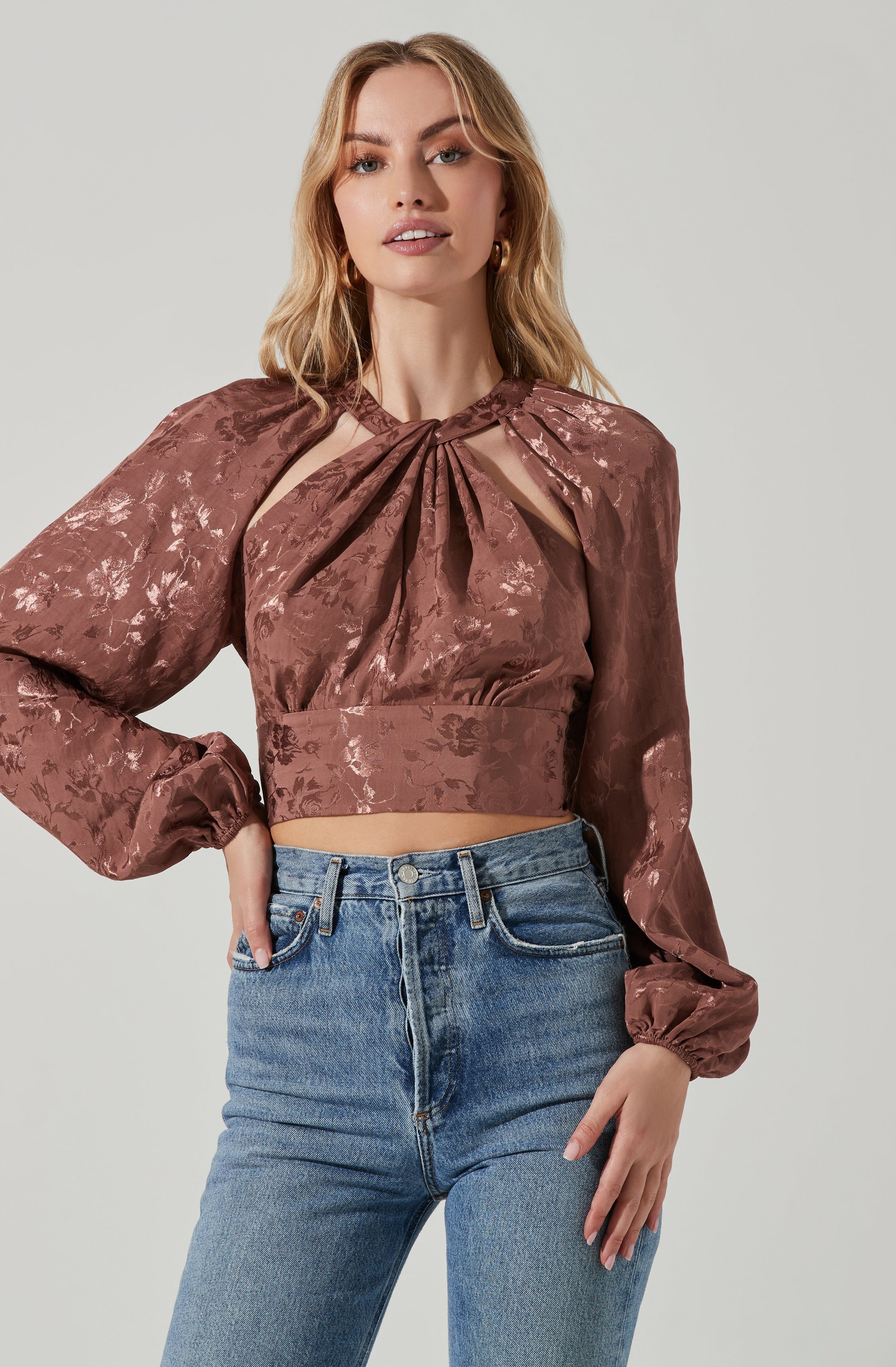 Betsy Floral Jacquard Cutout Long Sleeve Top