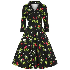 Black & Red Cherry Print Collared V Neck Rockabilly 50s Swing Dress w/ Pockets