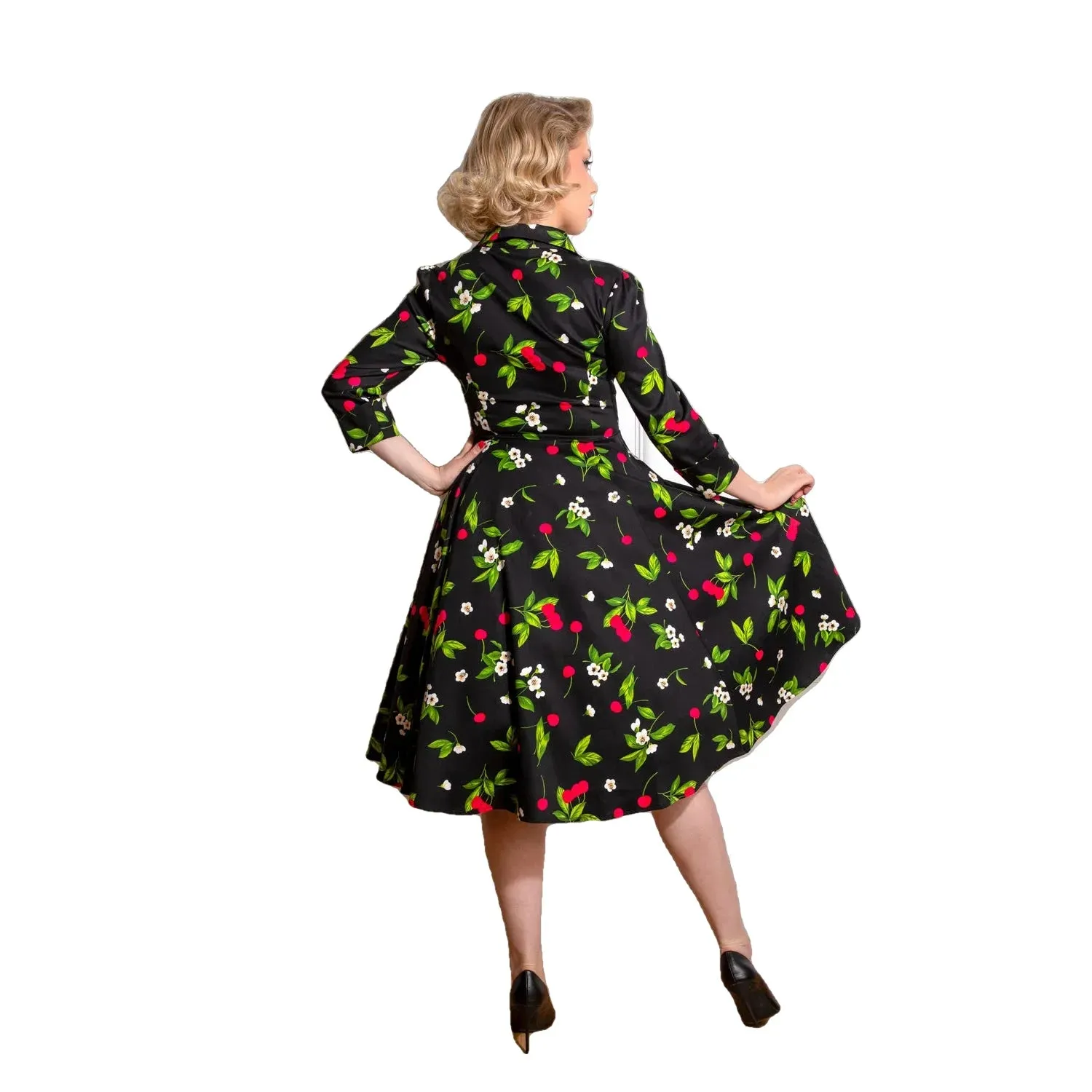 Black & Red Cherry Print Collared V Neck Rockabilly 50s Swing Dress w/ Pockets