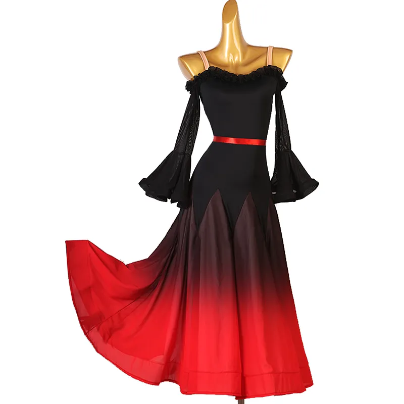 Black and Red Ombré Ballroom Practice Dress with Off the Shoulder Bell Sleeves, Ruffle Detailing Around Neckline, and Ribbon Bel