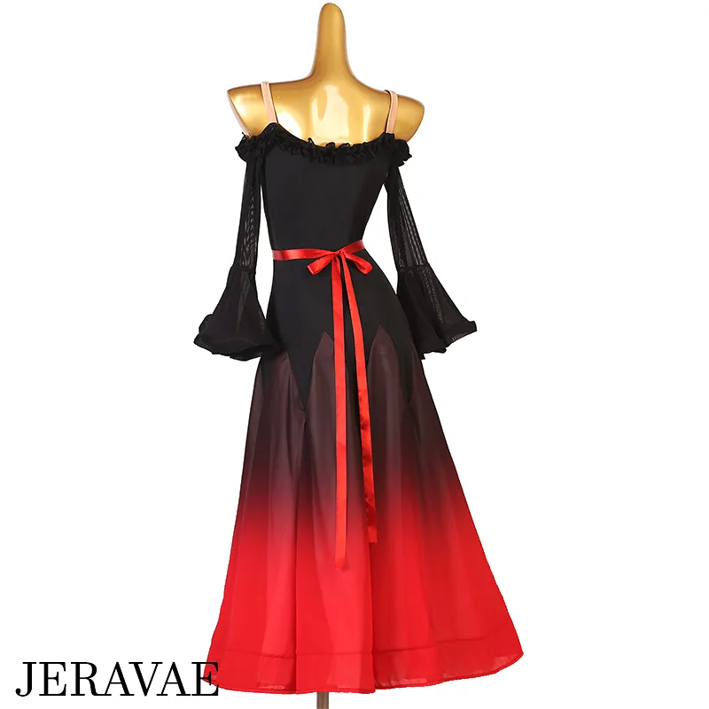 Black and Red Ombré Ballroom Practice Dress with Off the Shoulder Bell Sleeves, Ruffle Detailing Around Neckline, and Ribbon Bel