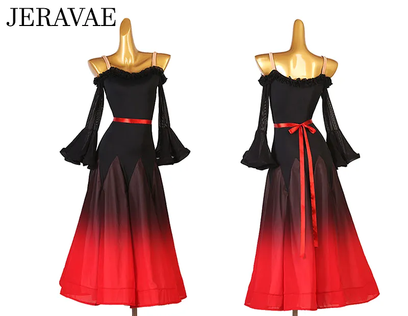 Black and Red Ombré Ballroom Practice Dress with Off the Shoulder Bell Sleeves, Ruffle Detailing Around Neckline, and Ribbon Bel