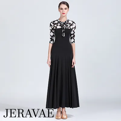 Black Ballroom Dress with Black and White Floral Mesh Décolletage and Half Sleeves PRA 179_sale