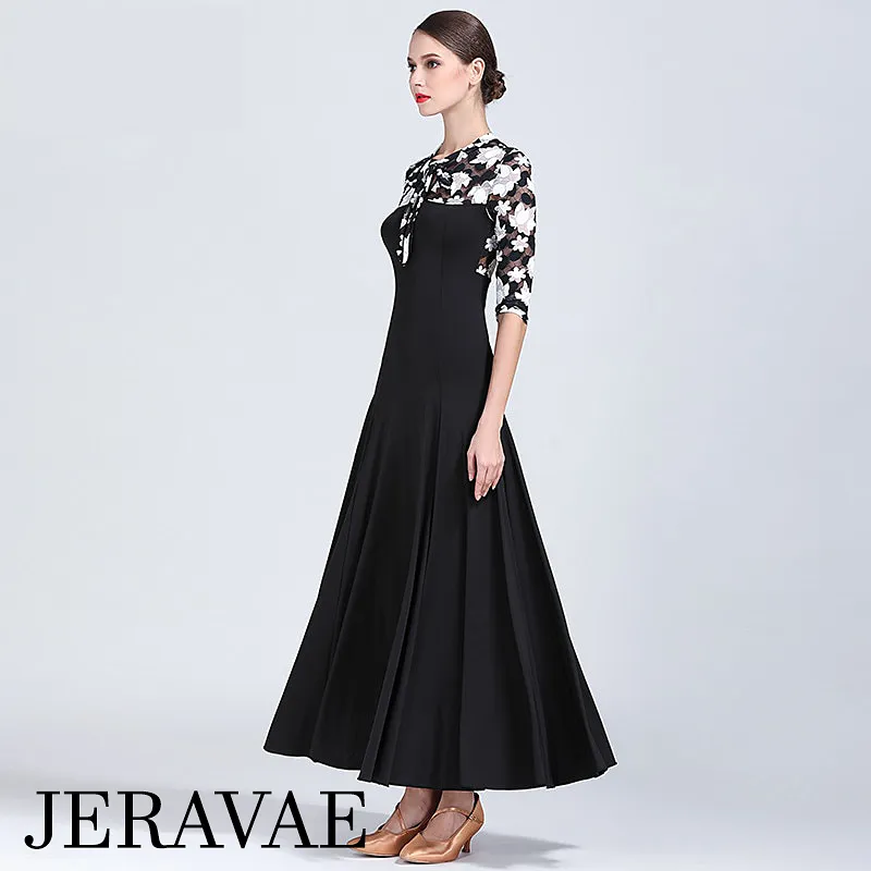 Black Ballroom Dress with Black and White Floral Mesh Décolletage and Half Sleeves PRA 179_sale