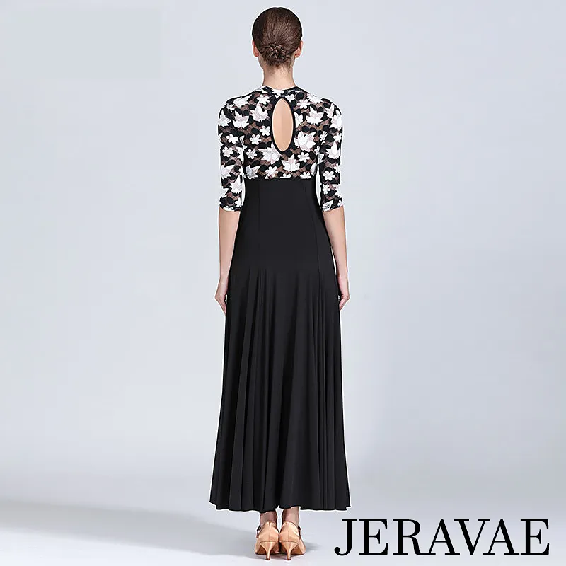 Black Ballroom Dress with Black and White Floral Mesh Décolletage and Half Sleeves PRA 179_sale