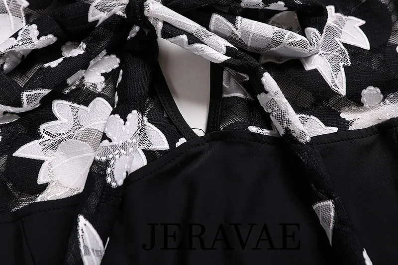 Black Ballroom Dress with Black and White Floral Mesh Décolletage and Half Sleeves PRA 179_sale