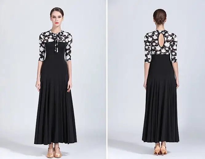 Black Ballroom Dress with Black and White Floral Mesh Décolletage and Half Sleeves PRA 179_sale