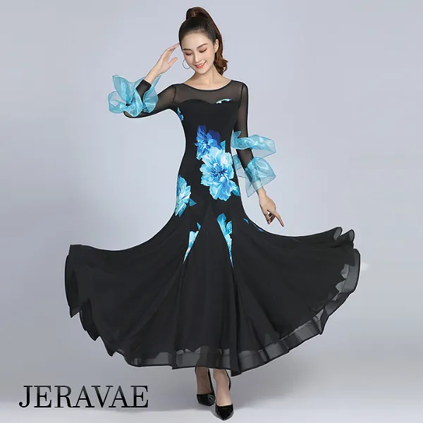 Black Ballroom Practice Dress with Blue Floral Print, 3/4 Length Sleeves with Double Ruffle Detail, Illusion Neckline, and Horse