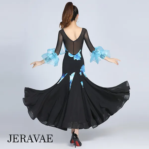 Black Ballroom Practice Dress with Blue Floral Print, 3/4 Length Sleeves with Double Ruffle Detail, Illusion Neckline, and Horse