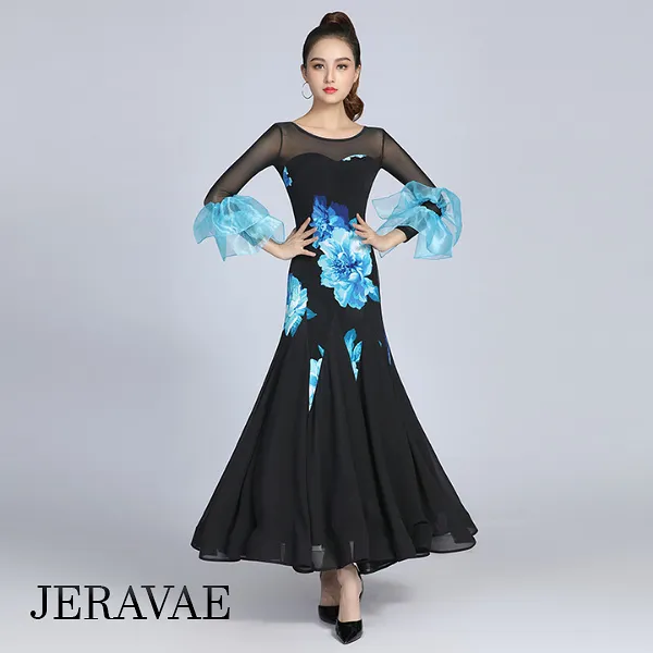 Black Ballroom Practice Dress with Blue Floral Print, 3/4 Length Sleeves with Double Ruffle Detail, Illusion Neckline, and Horse