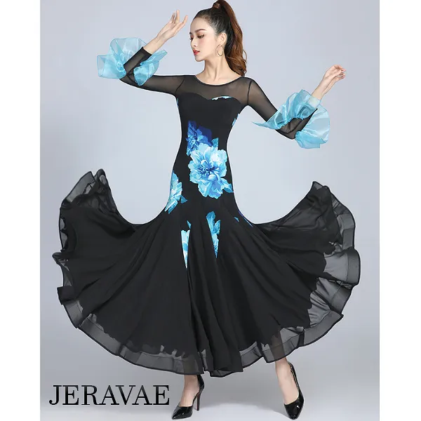 Black Ballroom Practice Dress with Blue Floral Print, 3/4 Length Sleeves with Double Ruffle Detail, Illusion Neckline, and Horse