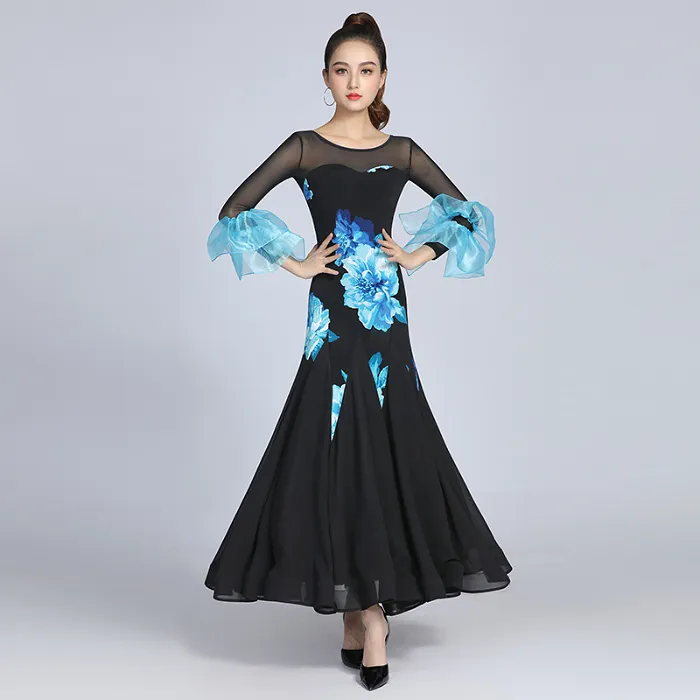 Black Ballroom Practice Dress with Blue Floral Print, 3/4 Length Sleeves with Double Ruffle Detail, Illusion Neckline, and Horse