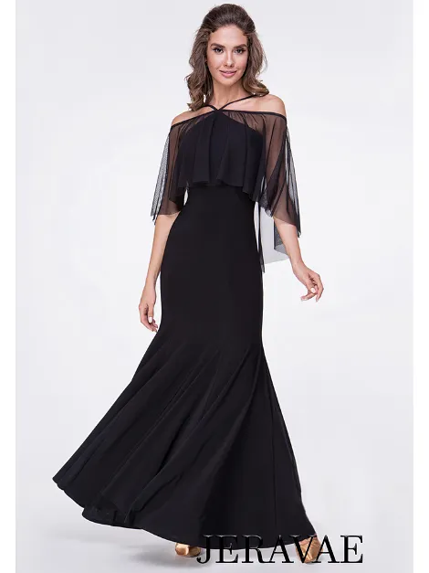 Black Ballroom Practice Dress with Cold Shoulder Detail and Mesh Ruffle PRA 369_sale