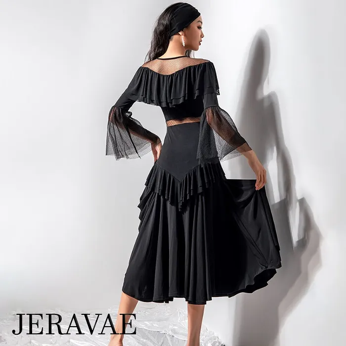 Black Ballroom Practice Dress with Ruffle Details and Dotted Mesh Illusion Neckline, Waist Insert, and Bell Sleeves PRA 840_sale