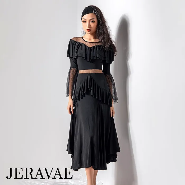 Black Ballroom Practice Dress with Ruffle Details and Dotted Mesh Illusion Neckline, Waist Insert, and Bell Sleeves PRA 840_sale