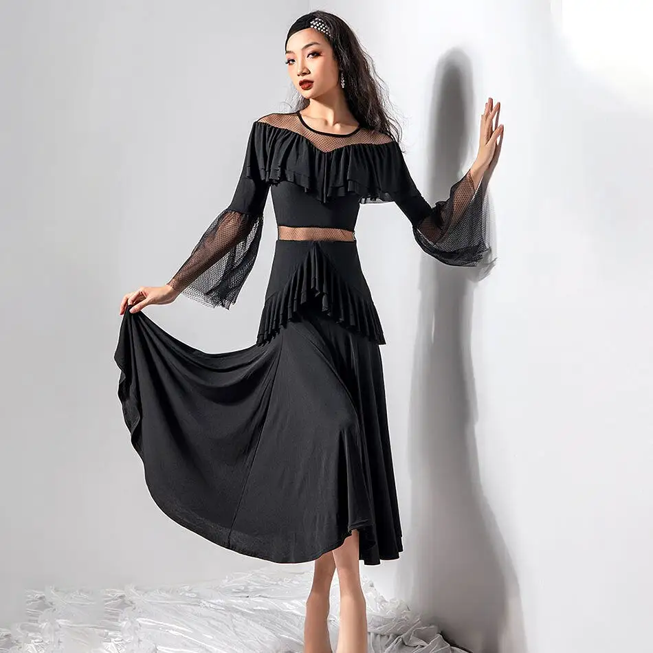 Black Ballroom Practice Dress with Ruffle Details and Dotted Mesh Illusion Neckline, Waist Insert, and Bell Sleeves PRA 840_sale