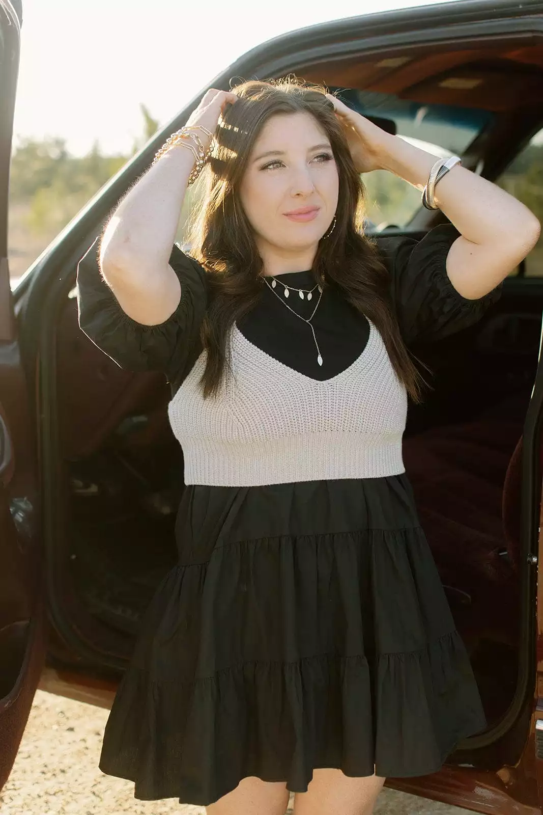 Black Knit Detail Tiered Mini Dress