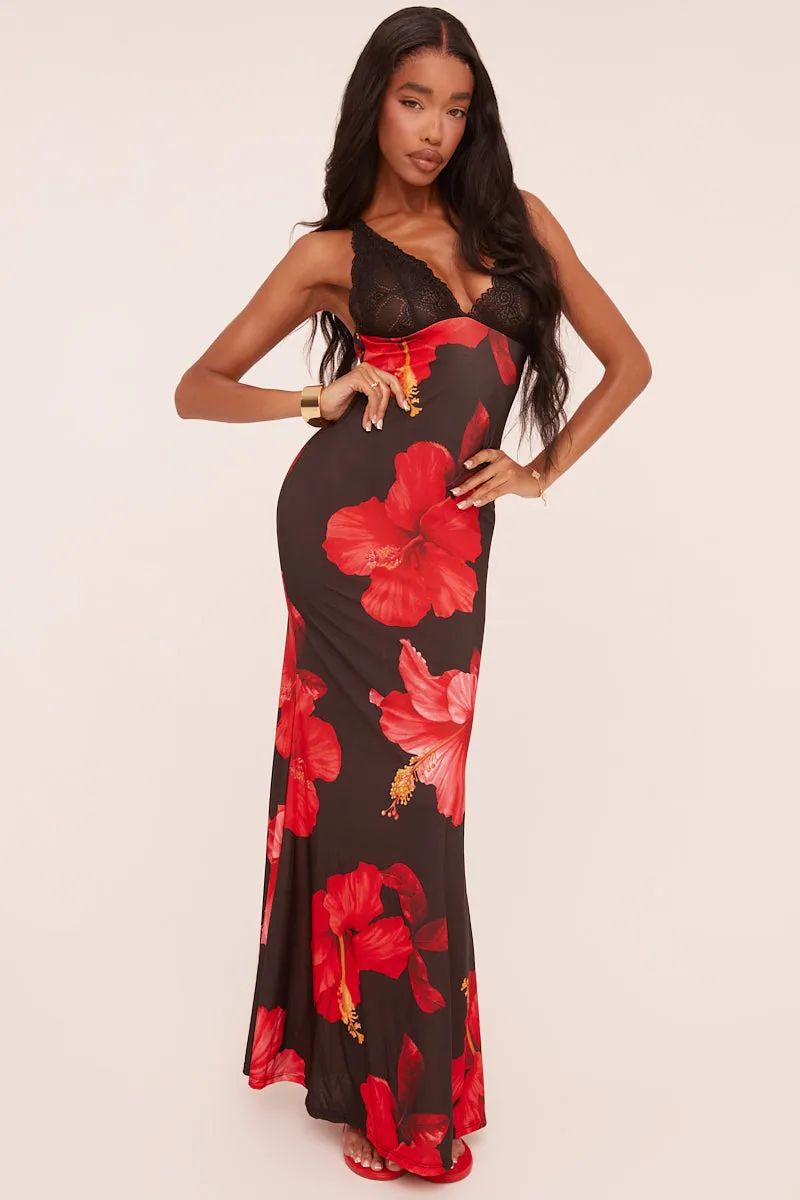 Black Lace Trim Floral Print Maxi Dress - Lelia