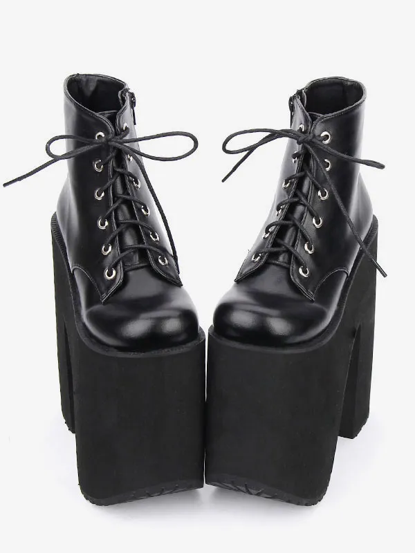 Black Lolita Booties Platform Chunky Heel Round Toe Lace Up Lolita Short Boots